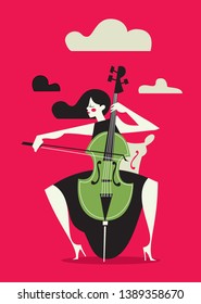 Woman playing Cello with Clouds