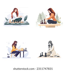 Woman playing chess set vector isolated