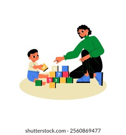 Woman Playing With A Child And Building Blocks, Flat Vector Illustration Symbolizing Play, Early Childhood Education, And Bonding, Isolated On White Background