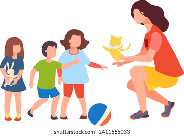 Woman playing with children and a cat, casual clothes, outdoor activity, smiling kids, happy family moment. Motherhood, joyful childhood, pet and kids playing vector illustration.