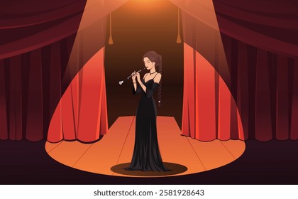 Woman playing clarinet on stage in spotlight. Vector illustration