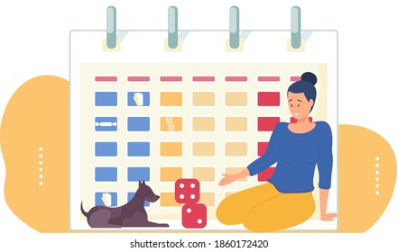 Woman playing with cubes and a dog. Timetable on the background. Girl is spending time with her pet. The owner looks at the puppy and works with it on schedule. Playing and interacting with animals