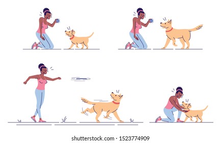 Woman playing with dog flat vector illustrations set. Active leisure. Happy african american girl and faithful playful puppy isolated cartoon characters with outline elements on white background