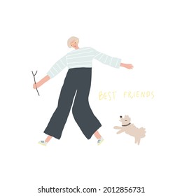 Woman playing with the dog. Old people activity. Vector hand drawn illustration