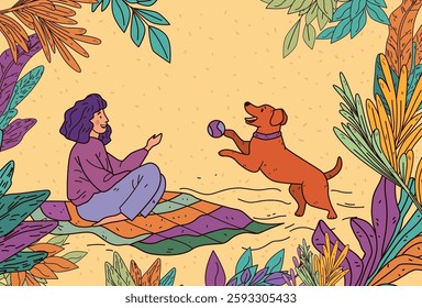 Woman playing with dog outdoor scene leisure activity colorful foliage playful atmosphere decorative design template