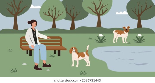 Woman playing with the Dog in the Park. Park bench. Woman sit down on the bench park. Spring time. Summer holiday. 