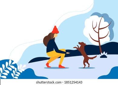 Woman playing with a dog in the Park. Concept illustration of outdoor recreation. Winter vector illustration in flat style.