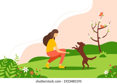 Woman playing with a dog in the Park. Concept illustration of outdoor recreation. Spring vector illustration in flat style.