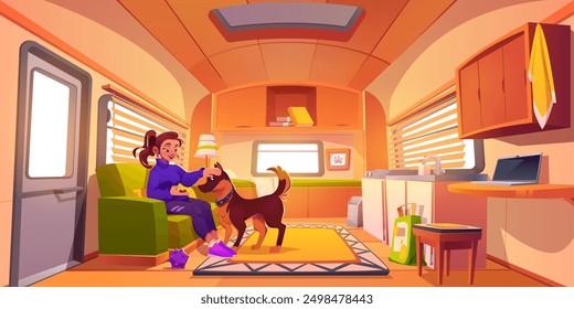 Woman playing with dog in trailer room. Vector cartoon illustration of cozy recreational van interior with kitchen furniture, window and door, female character sitting on couch, smiling at cute pet