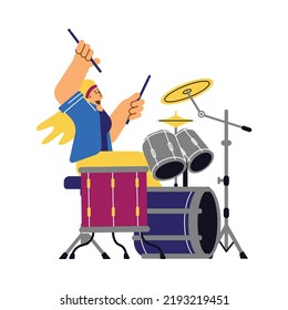 Woman playing drums with sticks, flat vector illustration isolated on white background. Professional drummer performing during concert or music festival.