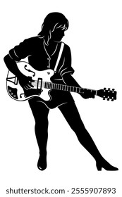 Woman playing electric guitar silhouette. Vector clipart isolated on white.