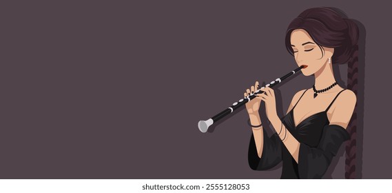 Woman playing flute in elegant black attire, dark background. Vector illustration