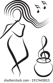 Woman playing flute for hypnotize an abstract snake in form of treble clef on basket. Outline vector.