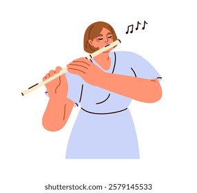 Woman playing flute. Talented female musician performing calm peaceful melody with wind music instrument. Girl player performer, rehearsal. Flat vector illustration isolated on white background