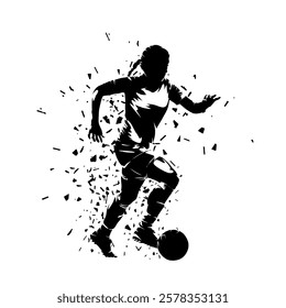 Woman playing football, female soccer player, isolated vector silhouette, clip art with distortion effect