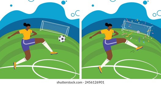 Woman playing football and scoring a goal on a football pitch or in a soccer stadium 