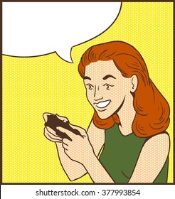 woman playing in the game by controller and cloud pop art comics vector illustration