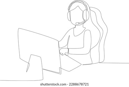 A woman playing games on a PC and wearing a headset. Online gaming one-line drawing