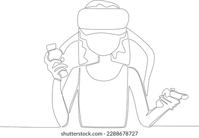 A woman playing games with virtual reality technology. Online gaming one-line drawing