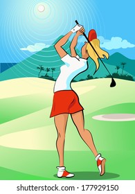 Woman playing golf. Female golfer swinging a golf club and hitting a ball, vector illustration