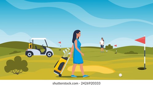 Woman playing golf. Golfer with golf club on green grass, bag with professional equipment and driving cart, sport game outdoor concept. Summer hobby and recreation. Vector illustration
