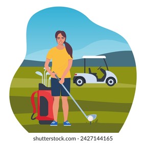 Woman playing golf. Golfer with golf club on green grass, bag with professional equipment and driving cart, sport game outdoor concept. Summer hobby and recreation. Vector illustration