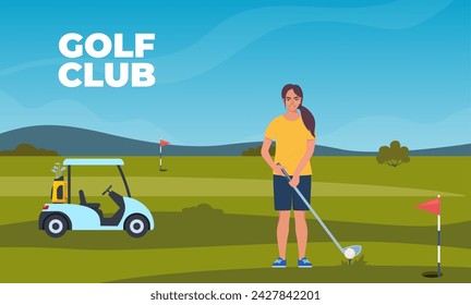 Woman playing golf. Golfer with golf club on green grass, bag with professional equipment and driving cart, sport game outdoor concept. Summer hobby and recreation. Vector illustration
