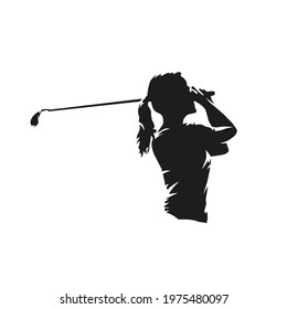 Woman playing golf, isolated vector silhouette. Golf swing, side view