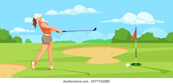 Mujer jugando al golf en un día soleado, Ilustración vectorial colorida, campo de golf verde al aire libre, concepto deportivo. Ilustración vectorial