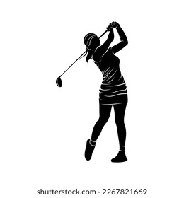 Woman playing golf silhouette vector illustration. Professional golfer with black colour and white background