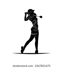 Woman playing golf silhouette vector illustration. Professional golfer with black colour and white background