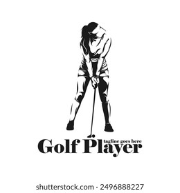 Mujer jugando a la Ilustración vectorial de la silueta del golf. Profesional de golf con el color negro y el fondo blanco