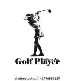 Mujer jugando a la Ilustración vectorial de la silueta del golf. Profesional de golf con el color negro y el fondo blanco