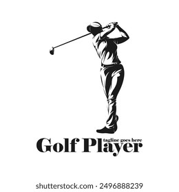 Woman playing golf silhouette vector illustration. Professional golf with black colour and white background