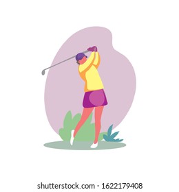 Woman playing golf. Someone hits a golf ball by raising his hand up. The girl threw a golf club punch. Simple flat vector