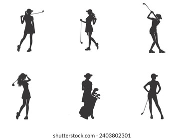 Woman playing golf in various poses isolated vector silhouette on white background
