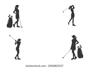 woman playing golf in various poses isolated vector silhouette on white background