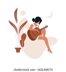 Woman playing guitar flat illustration vector design