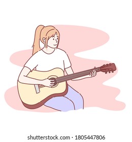 Woman playing guitar. Hand drawn character style vector.
