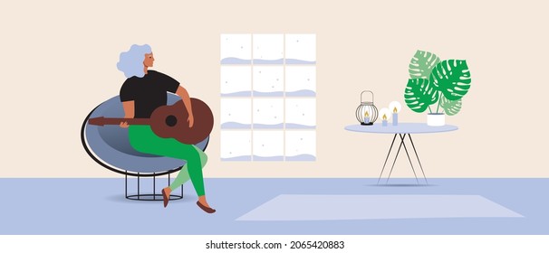 Woman playing guitar, hygge home in winter. Flat vector stock illustration. Winter interior, snowfall. Hobby in the winter. Person with a guitar. Hobby as relaxation. Vector graphics