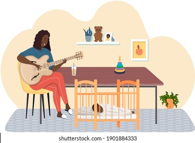 Woman playing guitar. Mom singing lullaby to baby at night and helps him to sleep. Musician creates music. Mother playing strings on instrument. Family rest together at home. Guitarist makes melody