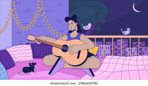 Frau spielt Gitarre auf dem Balkon am Abend lofi Bildschirmhintergrund. Latina Mädchen Gitarrist mit Haustier Ratte 2D Cartoon flache Illustration. Liebe allein zu Hause zu sein Chill Vektorgrafik, lo fi ästhetische bunte Hintergrund