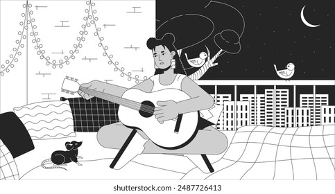 Frau spielt Gitarre auf dem Balkon in der Nacht Schwarz-Weiß-Lofi-Bildschirmhintergrund. Latina Gitarrist mit Haustier Ratte 2D Outline Cartoon flache Illustration. Allein zu Hause sein Vektorgrafik Linie lo fi ästhetischer Hintergrund