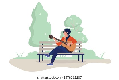 Woman playing guitar outdoors on park bench - Female person sitting with musical instrument practicing and playing music alone in park and nature. Flat design vector illustration on white background