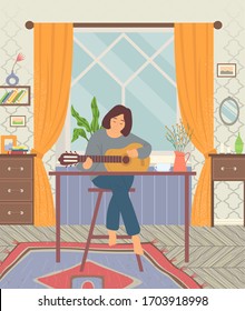 Woman playing guitar, person hobby at home, guitarist sitting on chair with instrument. Family entertainment indoor. Wooden furniture, plant and window vector