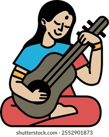 A woman is playing a guitar. She is smiling and she is enjoying herself. Concept of happiness and relaxation, as the woman is sitting comfortably while playing her instrument