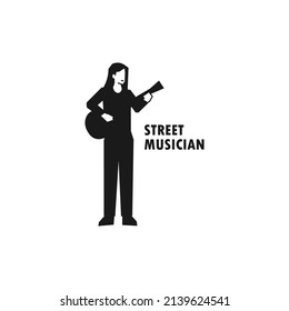 Woman playing guitar simple black vector silhouette illustration.