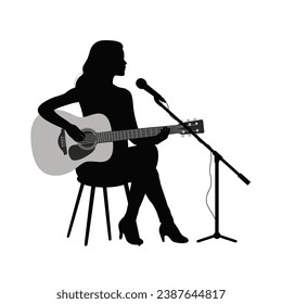 Woman playing guitar and singing, man guitarist silhouette vector Illustration