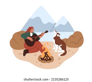 Woman playing guitar and singing song with dog howling by campfire outdoors. Person alone with nature, fire and music. Female sitting by bonfire. Flat vector illustration isolated on white background