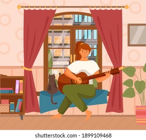 Woman is playing guitar sitting in armchair. Musician composes songs and sings at home near window. Female character makes music indoor. Person is fond of creativity, hobby time relaxing in apartment